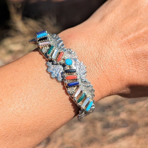 Native American Jewelry Bracelet Multi Stones Needle Point Cuff Sz 6.75in **